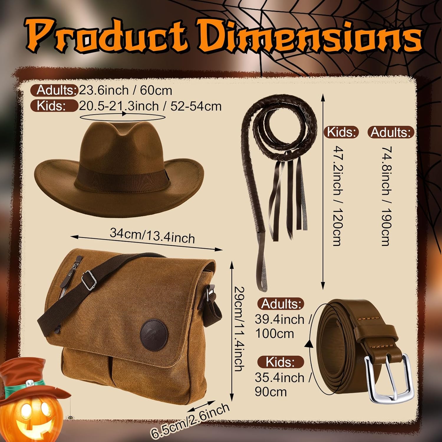 4 Pcs Halloween Costume Adult, Canvas Bag, Straw Cowboy Hat, Brown Faux Leather Whip Adventure Cosplay Outfit(Adult Size)