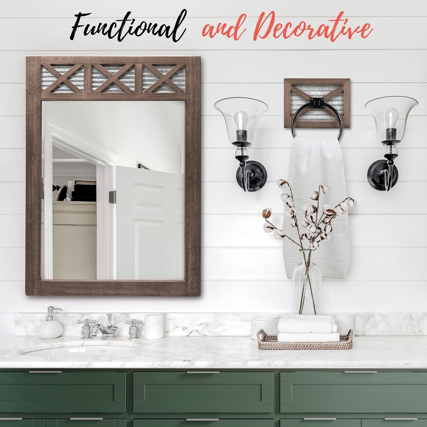 Autumn Alley Farmhouse Bathroom Mirror - Rustic Mirror - Vanity, Bathroom and Bedroom Wall- Country Farmhouse Decor, Barn Door Wood, Galvanized Metal, Small Size: 20" x 28", Brown