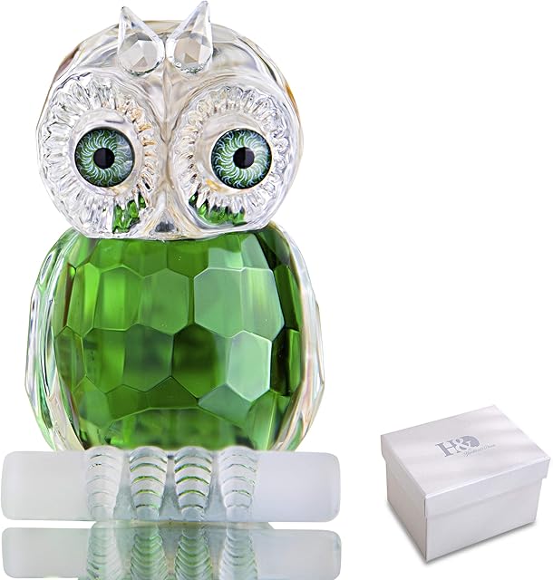 H&D HYALINE & DORA Green Crystal Figurine Owl Collection Paperweight Glass Table Centerpiece Ornament