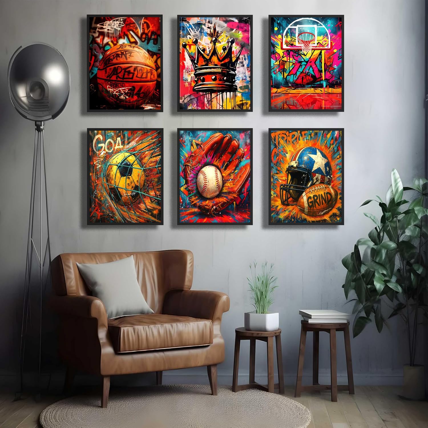 NSPYBRVV 6Pcs Sports Wall Art Graffiti Wall Decor Basketball Posters Basketball Soccer Baseball Football Canvas Prints Painting Picture For Sports Themed Bedroom 12X16in Unframed