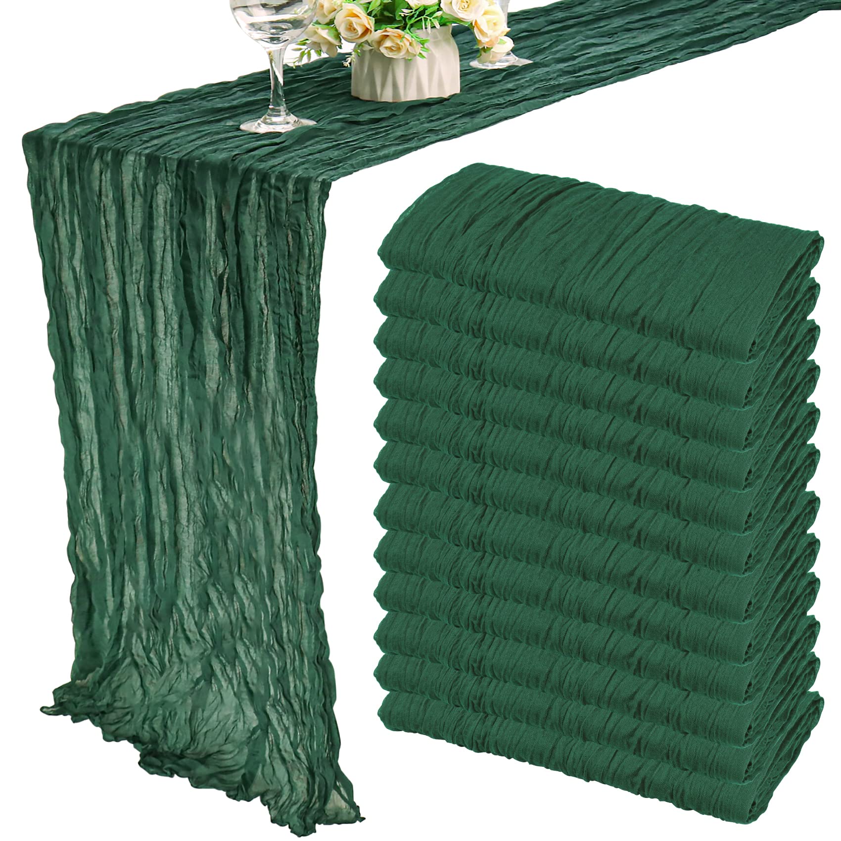Photo 1 of 12 Pack 10Ft Cheesecloth Table Runner 35x120 Inch Boho Gauze Table Runner Rustic Cheese Cloth Long Romantic Table Runners for Wedding Bridal Shower Birthday Party Table Decor (Dark Green)
