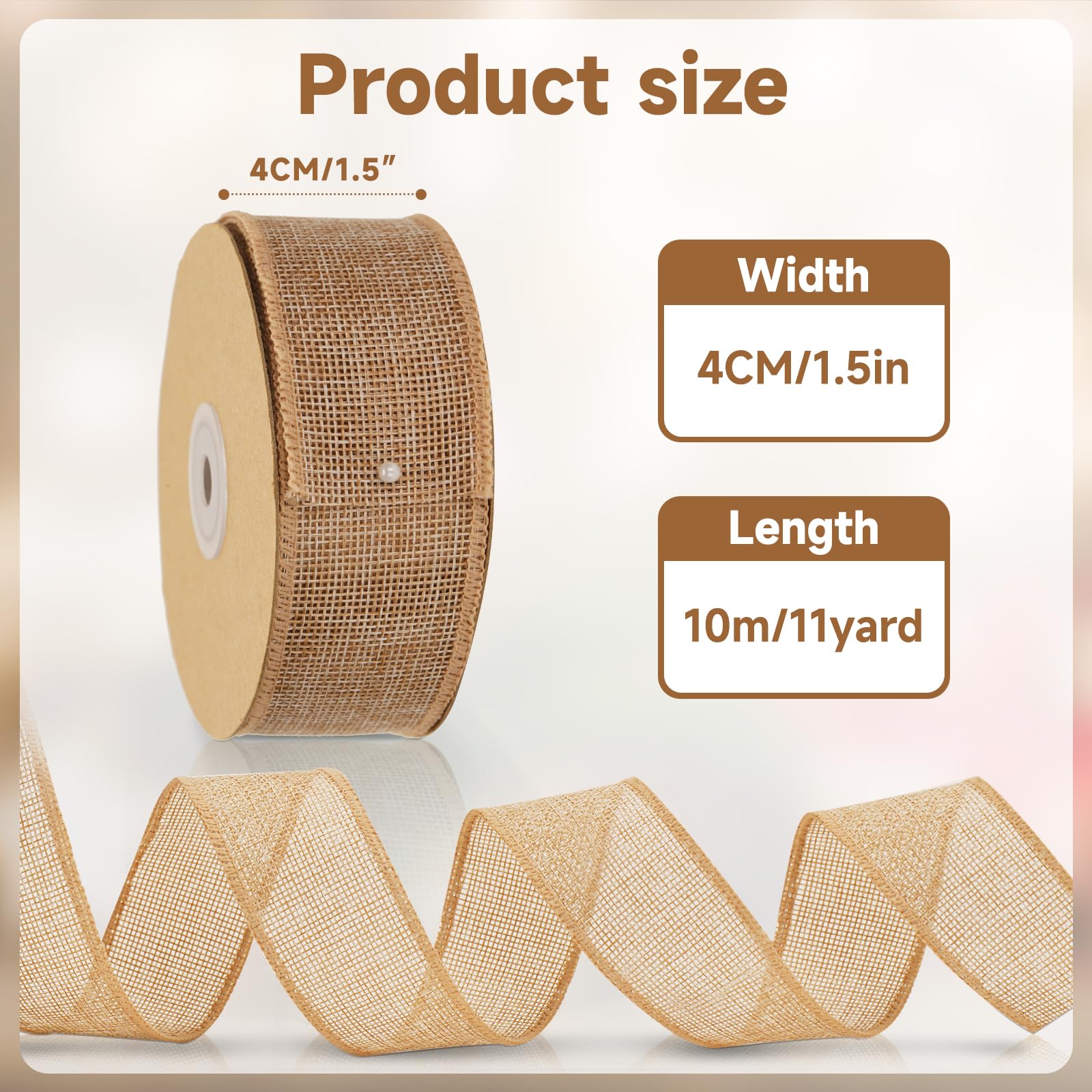 KINGLAKE 10m 4cm Brown Burlap Wired Ribbon for Wreath Bows Making Wide Hessian Ribbon Jute Christmas Wired Ribbons for Crafting Gift Wrapping - Image 2
