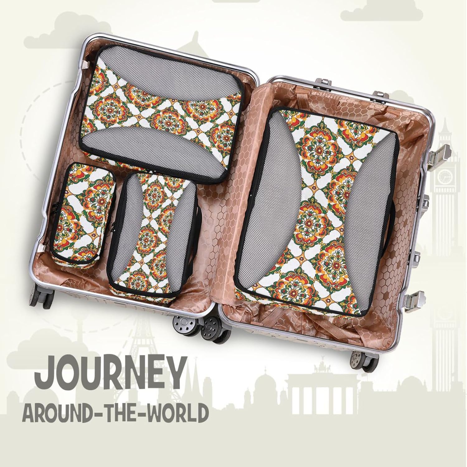 4 Pcs set suitcase organizer bags Mesh Travel Essentials Mandala Indian Inspired Pattern lightweight packing cubes set