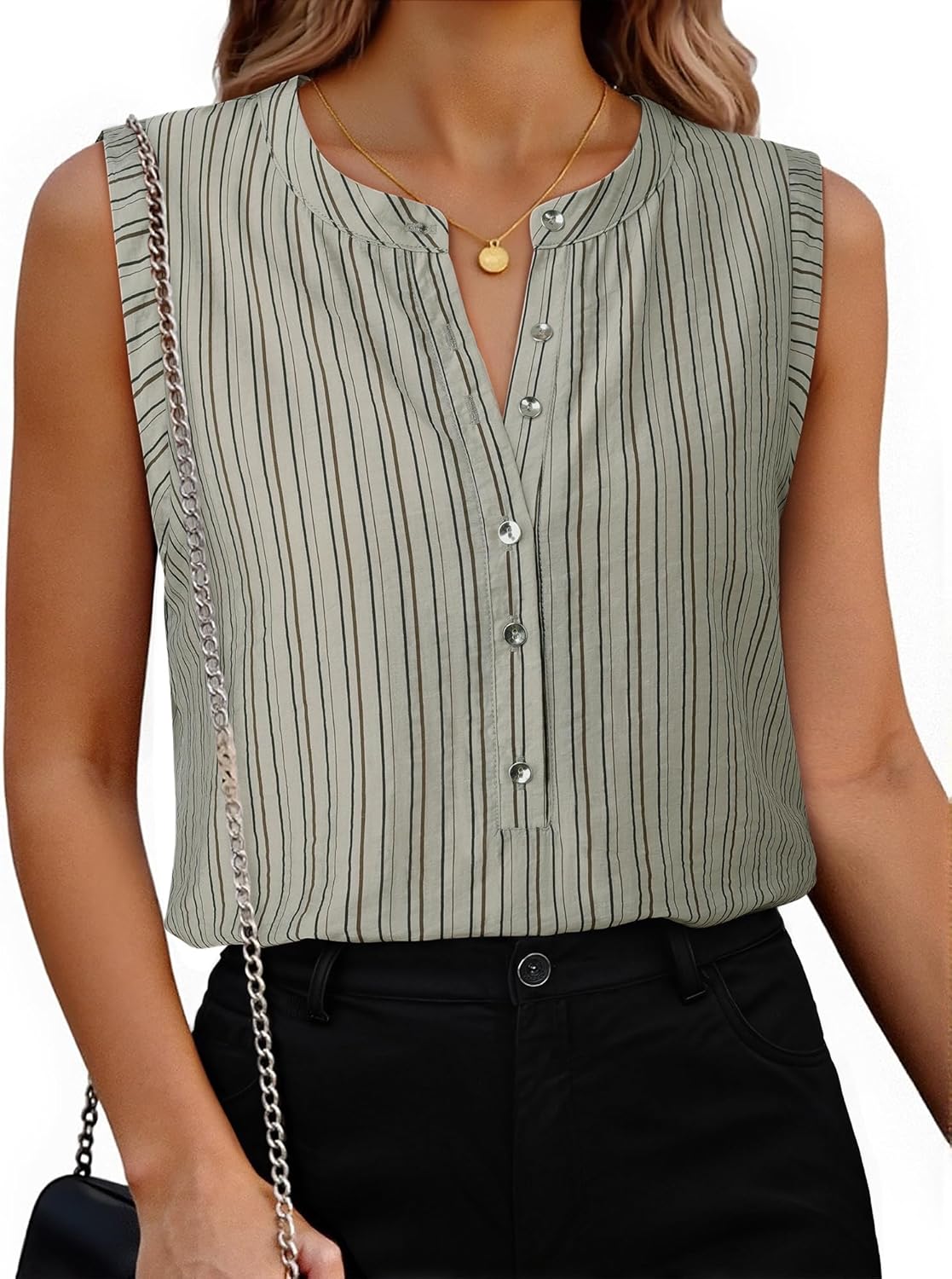 VAFOLY Womens Sleeveless Button Down Shirts Blouses Striped Casual Business Tank Tops Office Work - Image 2