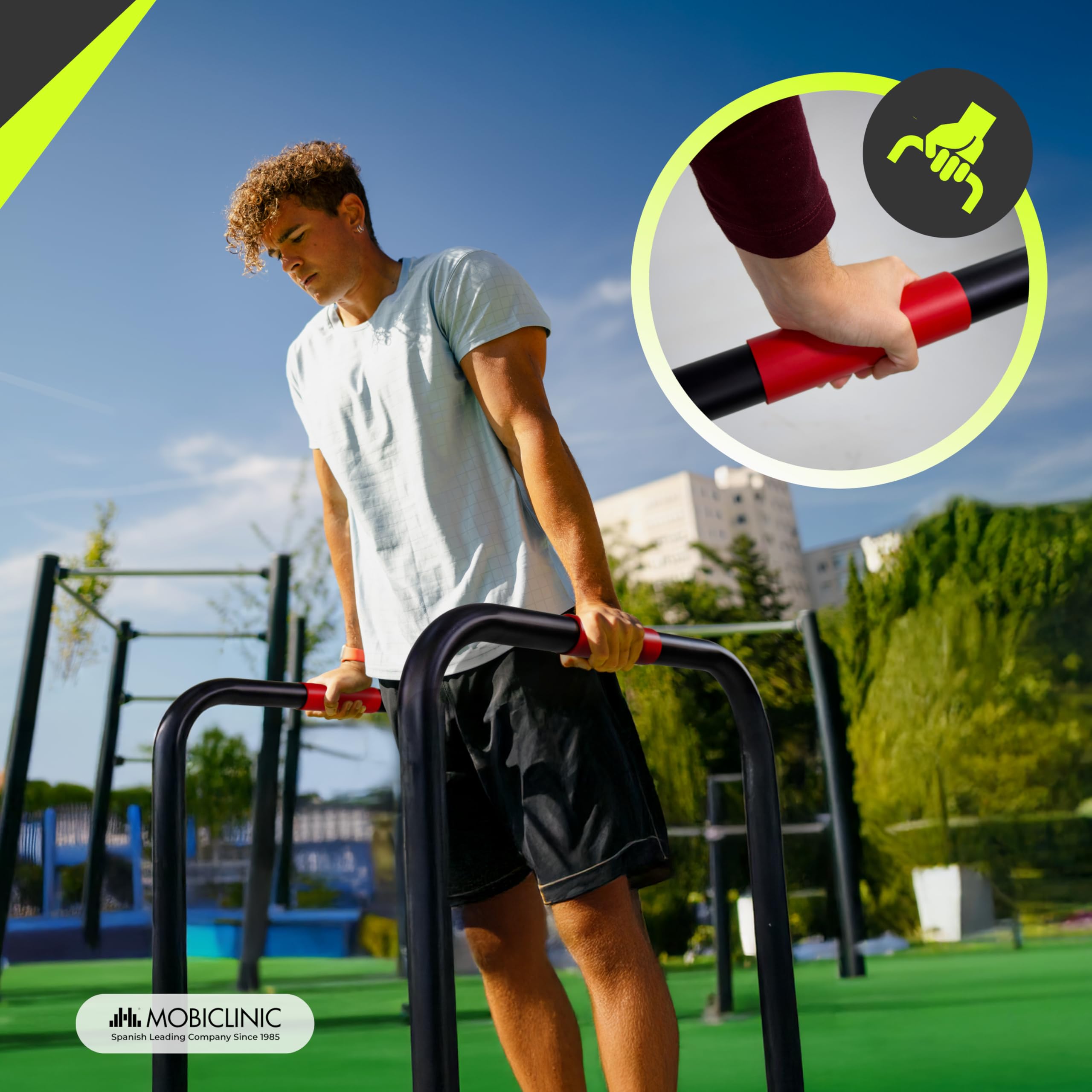 Mobiclinic®, Parallele Calisthenics, Regolabili, 2 Altezze 79-89 cm, Impugnature Antiscivolo, Piedini in Gomma, Acciaio Rinforzato, Dip, Flessioni, Plank, Funzionali, Twins