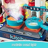 Vista 2 de Juego de cocina para niños, 53 piezas, estufa de cocina, fregadero de juego, horno, juguetes de cocina con luces y sonidos realistas, juguetes