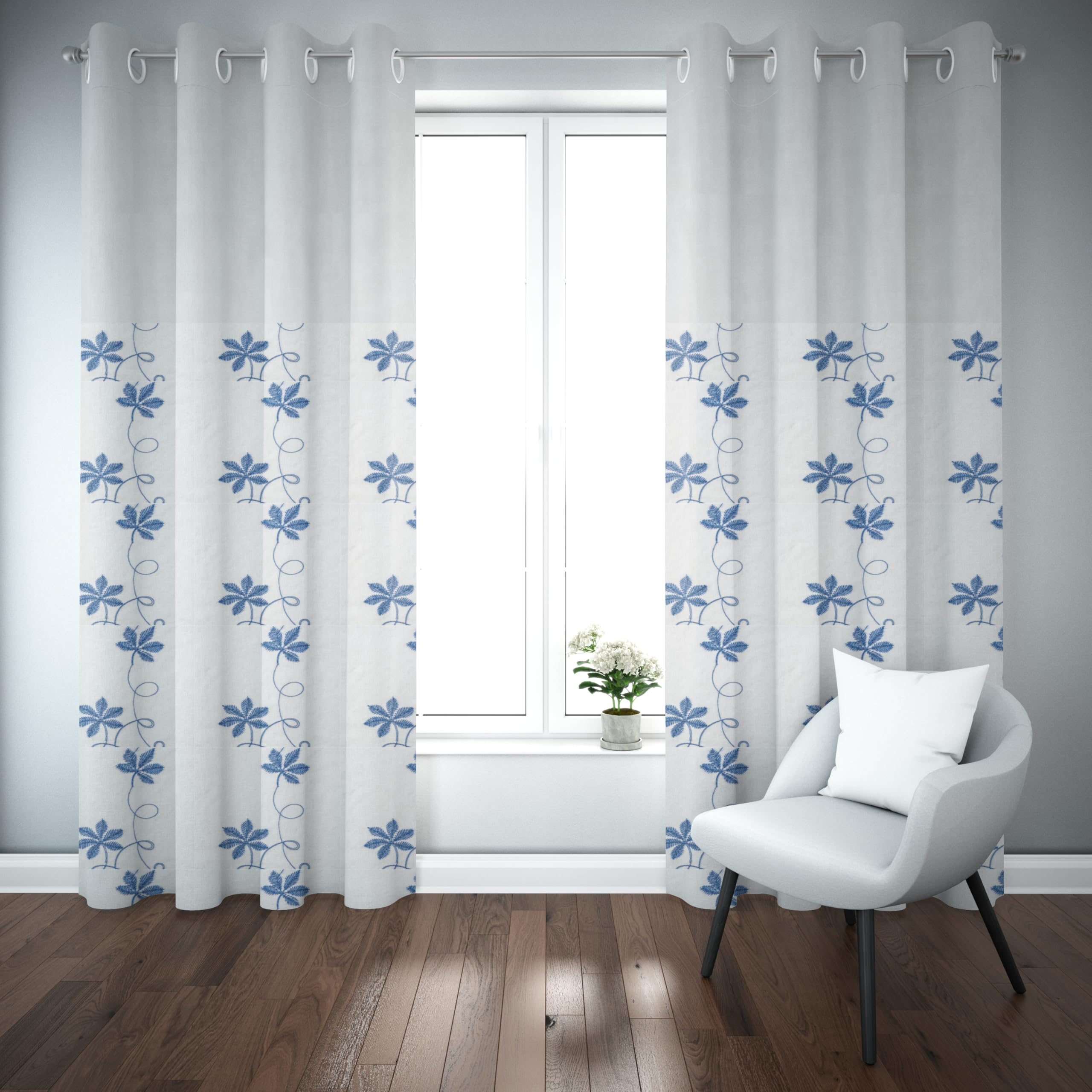 HOME ZEN HOUSEHOLD LINEN Cortina para interiores de poliéster con bordados florales de colores, 135 x 280 cm, blanca Art Varren (flor azul)