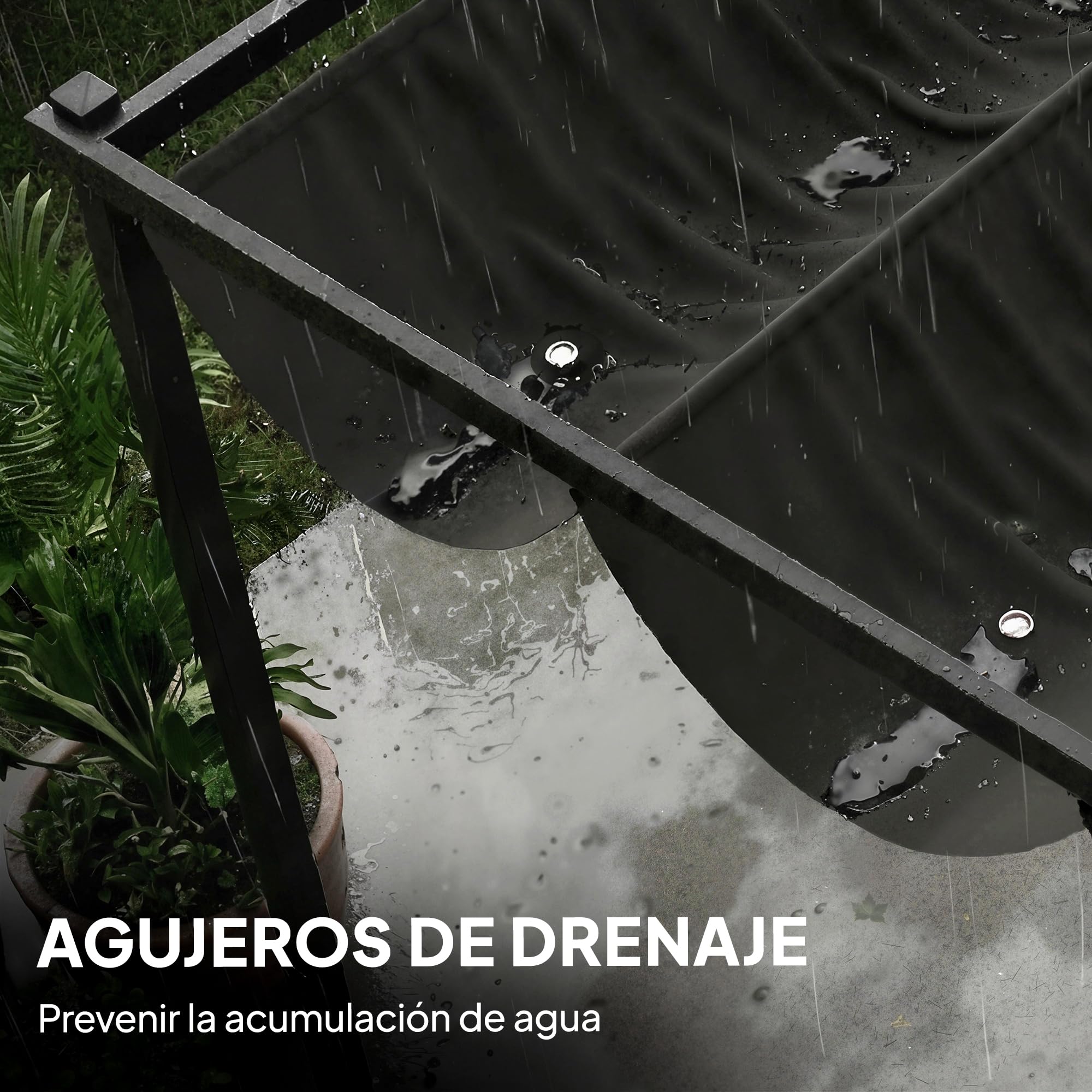 Outsunny Pérgola de Jardín 4x3 m con Techo Retráctil y 2 Paneles de Privacidad Fijos, Cenador de Jardín con Protección UPF50+, Drenaje, Estructura Metálica, Pabellón para Exterior, Gris Oscuro