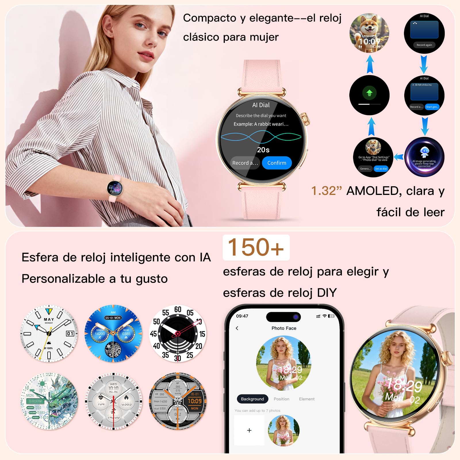 AI-GPT Reloj Inteligente Mujer con ECG Presión Arterial HRV Ciclo Menstrual | 1.32"AMOLED Pantalla Reloj Salud,24H Pulsómetro Sueño SpO2 Composición Corporal BMI Fatiga Emociones SOS 30s Mini Chequeo