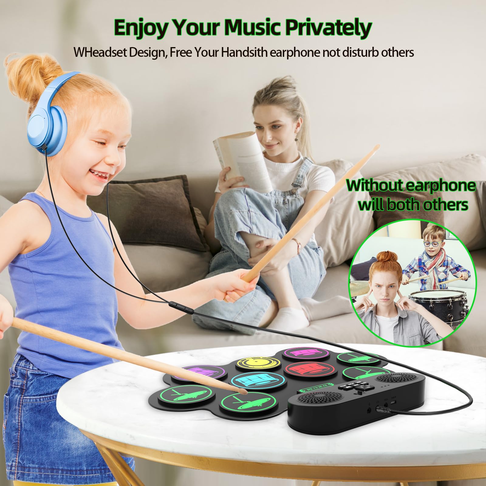 Juego de batería electrónica, 9 almohadillas de práctica MIDI Roll-Up Drum Pad con conector para auriculares integrado de doble altavoz y pedales, gran sorpresa de cumpleaños de Navidad para niños y 4