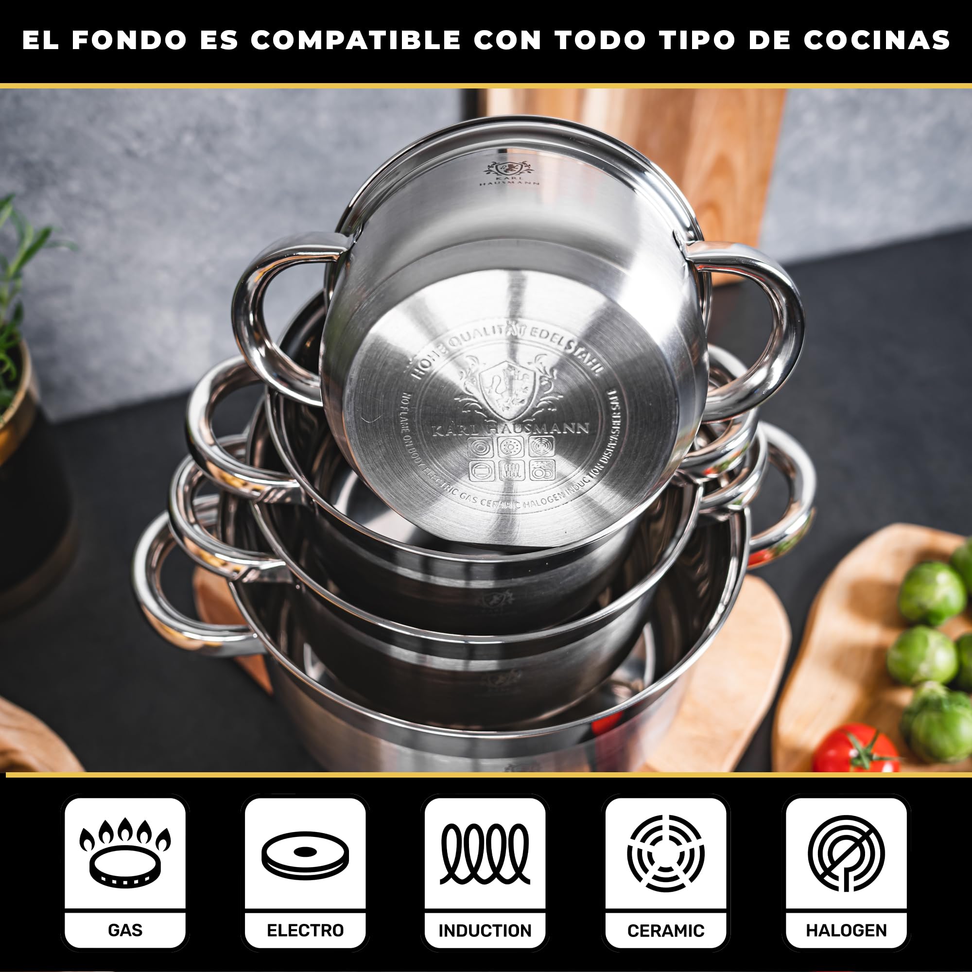 KARL HAUSMANN Batería de Cocina 4 Piezas Acero Inoxidable con Tapas Termómetro - Ollas Inducción, Juego de Ollas Cocina Uso Diario, Gas, Eléctrica, Vitrocerámica, 4 Tamaños