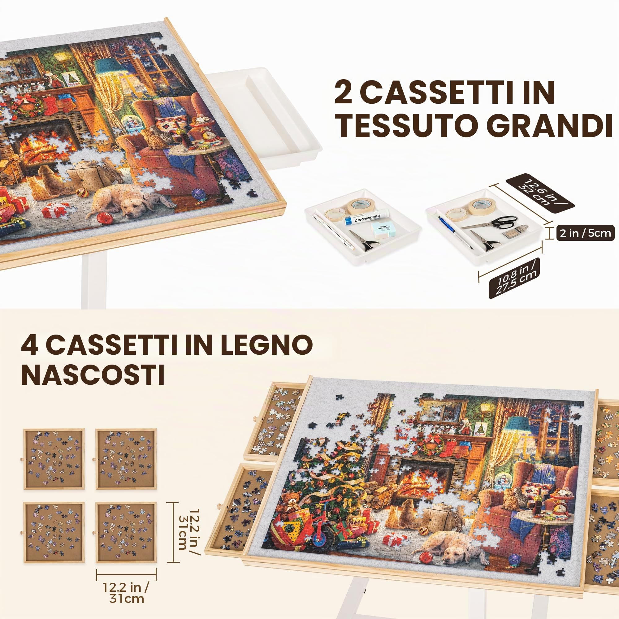 ROPODA Tavolo da Puzzle 1500 pezzi, Tavolo per Puzzle con 6 Cassetti, Copertura e 4 Ruote, Tavola Puzzles Regolabile per Adulti con 4 Angoli di Inclinazione, Puzzles Board in Legno, 89 x 68 cm