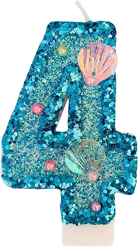 Vela de números azules, velas de números de lentejuelas para pasteles de cumpleaños, suministros de fiesta temática de sirena, vela número 4