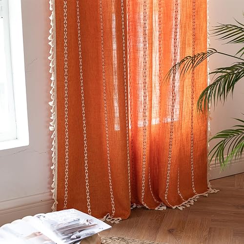 Deeprove Orange Boho Curtains 84 inches Long with Tassel for Bedroom Living Room, Bohemian Embroidery Farmhouse Cotton Linen French Country Window Treatments Fall Halloween Decor, W52 x L84, 1 Panel