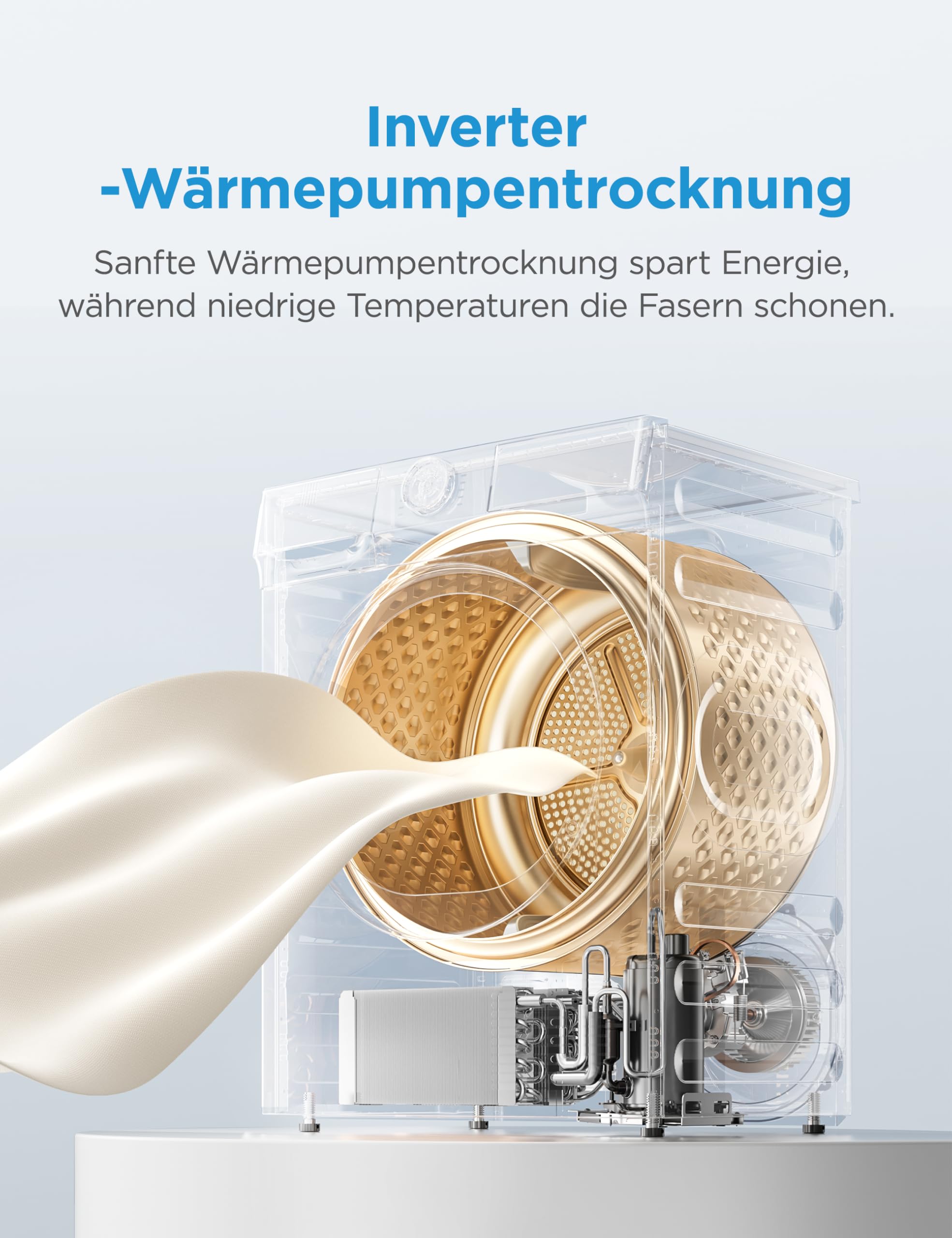 Midea Serie V5 Wärmepumpentrockner, 9 kg, Energieklasse C, WLAN-Steuerung, 30 Minuten Schnelltrocknung, UV-Desinfektion mit Milbenentfernung, Knitterschutz, Inverter-Motor, Weiß, MDV5EH90WBC