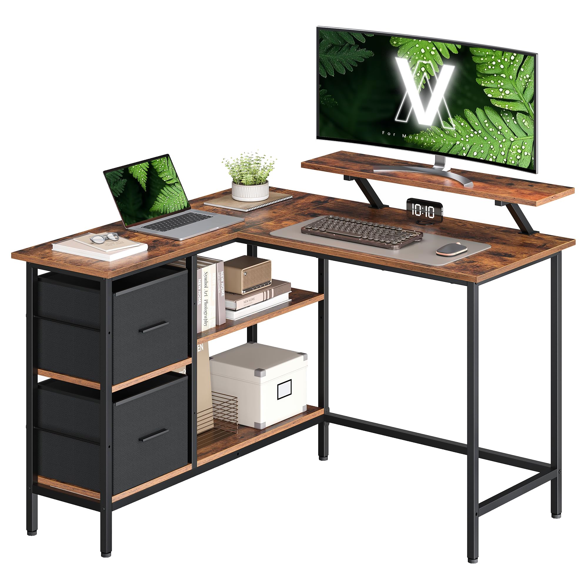 VASAGLE Escritorio en Forma de L, Esquinero, con 2 Amplios Cajones, Mesa con Soporte para Monitor, para Esquina, con Estante Ajustable, para Oficina Casa, Marrón Rústico LWD097B01