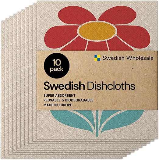 Swedish Wholesale Swedish DishCloths for Kitchen- 10 Pack Reusable Paper Towels Washable - Eco Friendly Cellulose Sponge Microfiber Dish Cloths - Kitchen Essentials - Red Flower