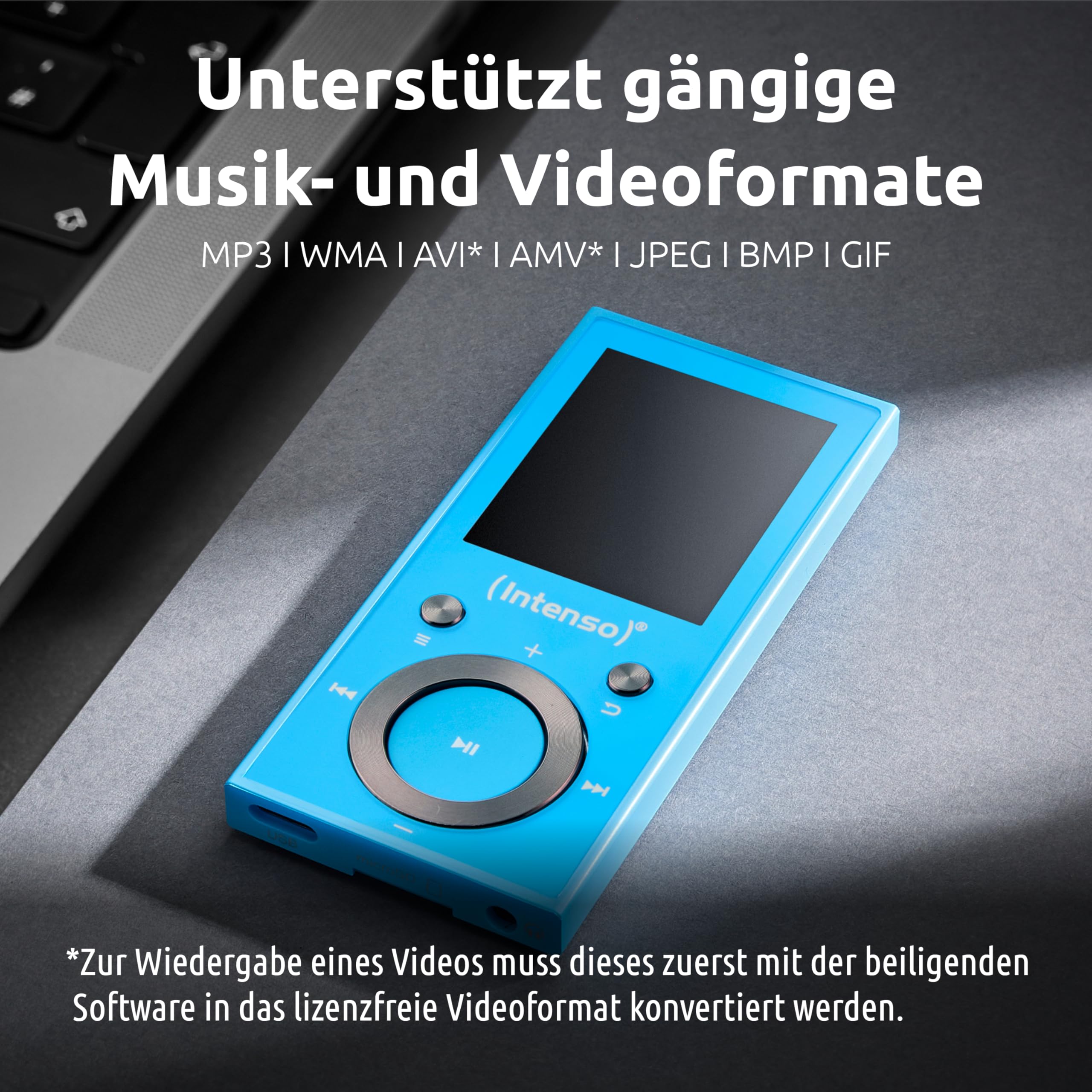 Intenso Video Scooter BT MP3 Player mit Bluetooth 5.0, 1,8 Zoll Farbdisplay, 64 GB microSD, USB-C, bis 18h Akku, inkl. Kopfhörer, blau