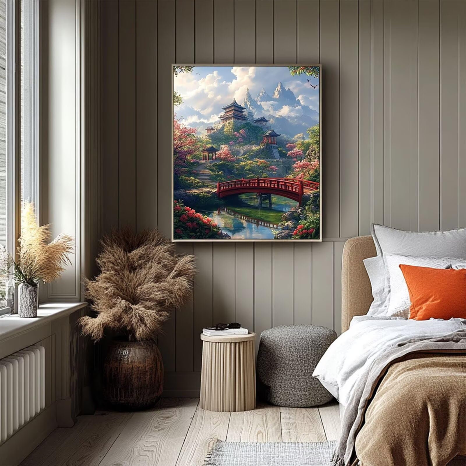 Malowanie po numerach dla dorosłych, japońska architektura, malowanie według numerów, most, 71 x 81 cm, hobby dla dorosłych kobiet, malowanie na płótnie farbą akrylową i pędzlami, zestaw artystyczny