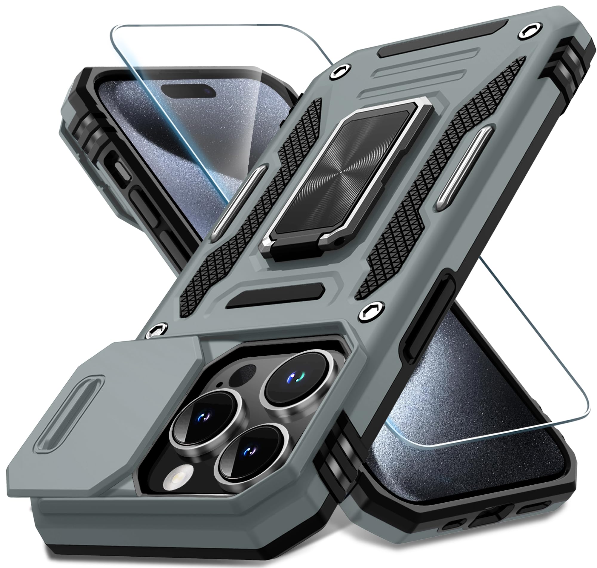 DEERLAMNCase for iPhone 15 Pro Max with Slide Camera Cover+Screen Protector(1 Pack), Rotated Ring Kickstand Military Grade Shockproof Protective Cover 6.7 Inch-Grey