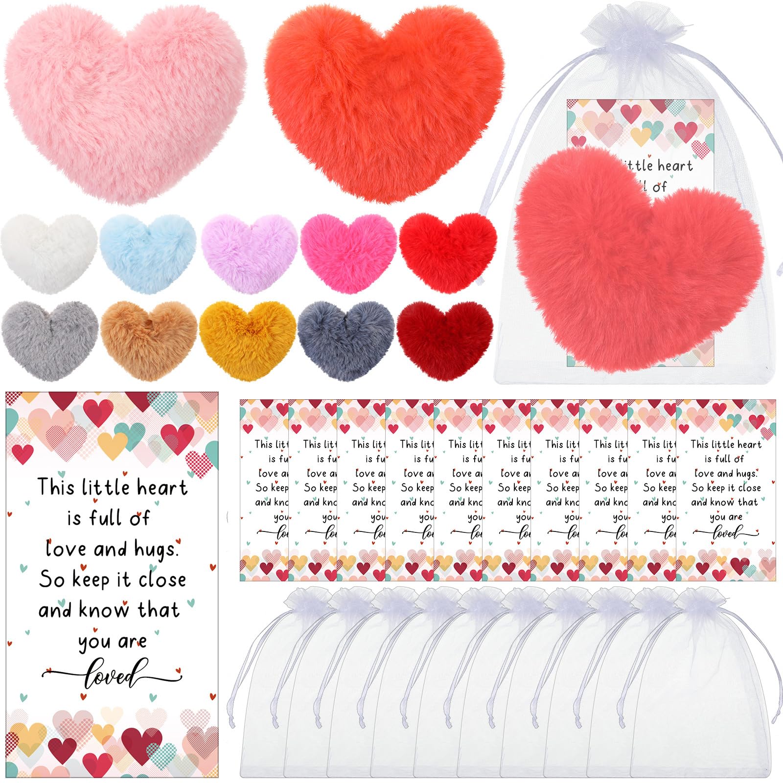 Ferreve 24 Set Pocket Hugs Gift Bulk Positive Heart Pom Pom with Pocket Hug Cards Mini Emotional Inspirational Gift Decorations for Coworker Employee