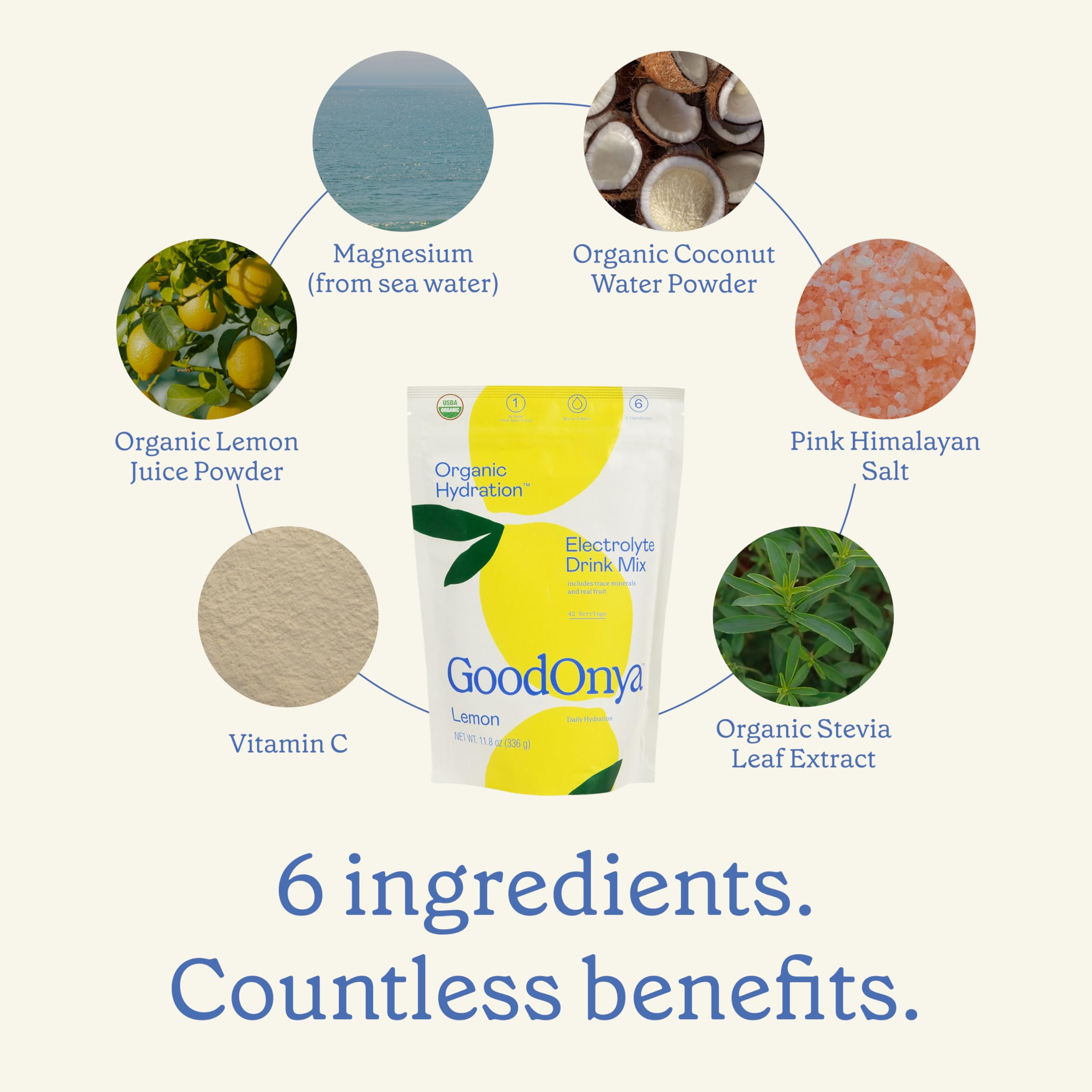 GoodOnya Organic Hydration Electrolyte Drink Mix, Certified Organic Hydration Powder, Non-GMO, Biochecked Glyphosate Free, Low Sugar, Lemonade Flavor, No Artificial Flavors, 20 Servings — Amazon image 6