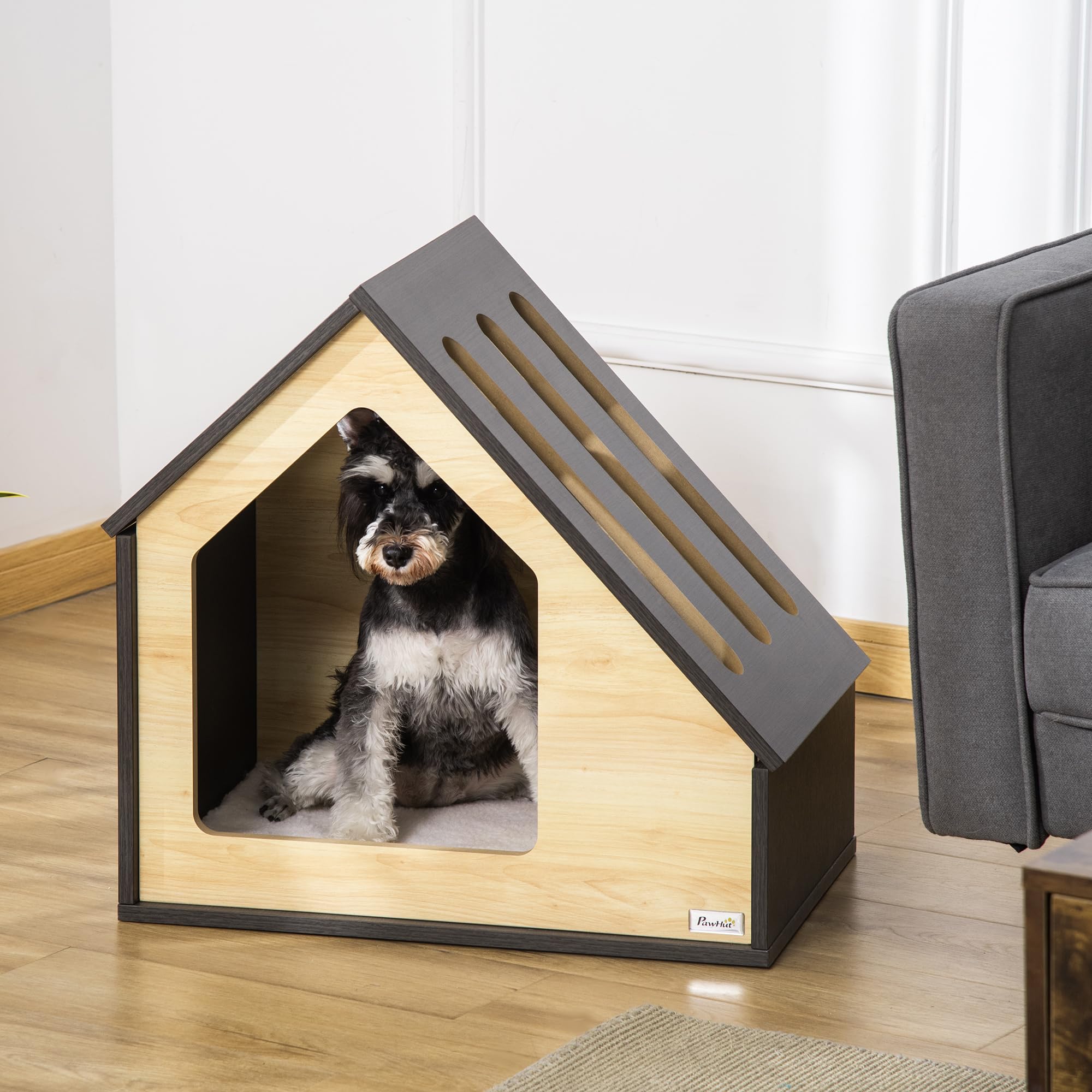 PawHut Niche pour chien en bois d'intérieur Cave à chat Maison pour chat Couchage pour chien avec coussin Maison pour chien Niche pour chien avec toit incliné pour petits chiens jusqu'à 8 kg 60 x 40 x