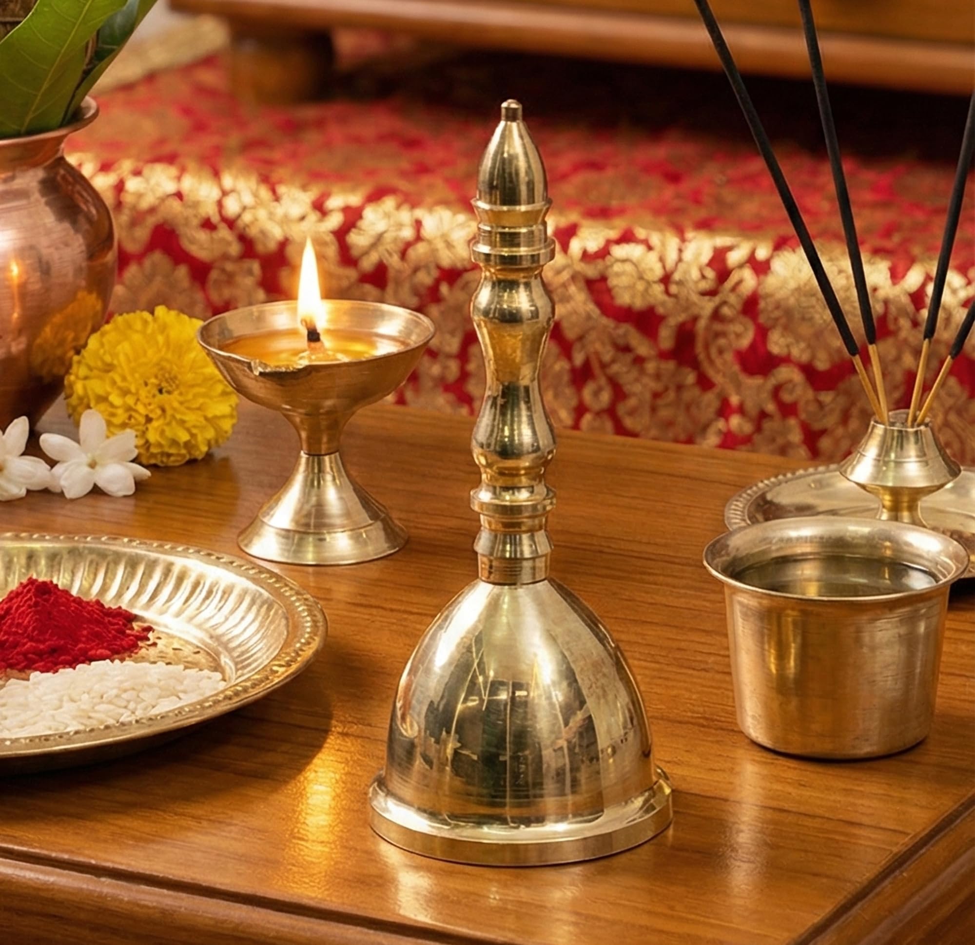 Esplanade Gold Brass Ghanti For Pooja - 4.5" Temple Bell, Brass Bells For Mandir, Gol Ghanti Pooja Items For Pooja Room, Housewarming Gift, Antique Home Decor Piece