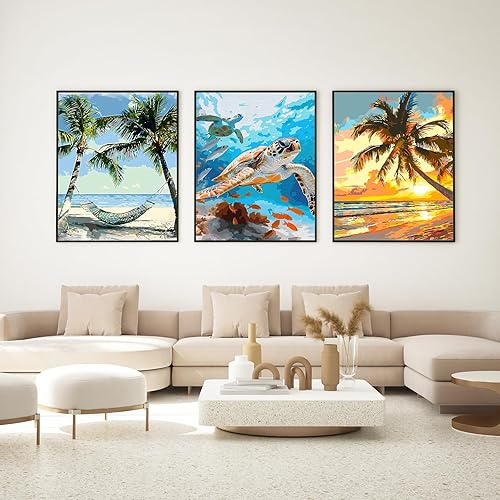 Miniatura 7 de Paquete de 6 kits de pintura de diamantes para adultos, kits de arte de diamantes de tortuga marina de playa para principiantes, pintura 5D con