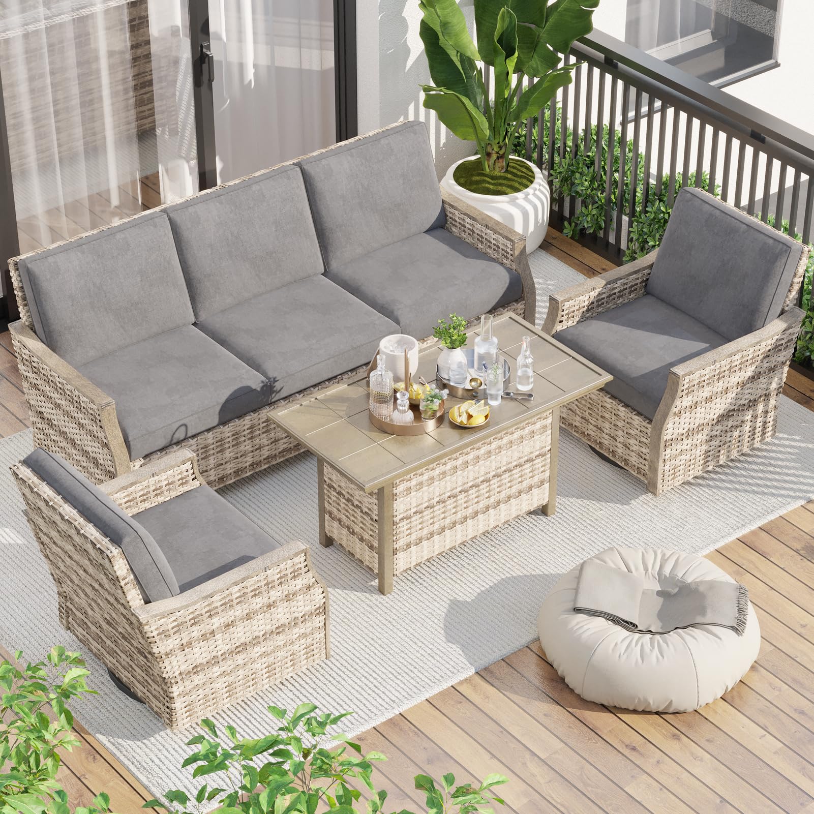 MELLCOM 4 Pieces Outdoor Patio Furniture Set with Swivel Chairs, All Weather Rattan Wicker Patio Conversation Set with 3-Seater Sofa, Coffee Table for