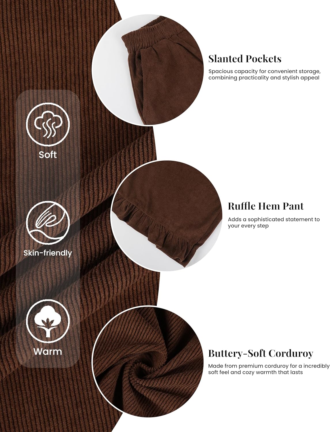 Omoone Womens Corduroy Pants Wide Leg Ruffled Hem Elastic Waist Lounge Cord Pants with Pockets - Image 6