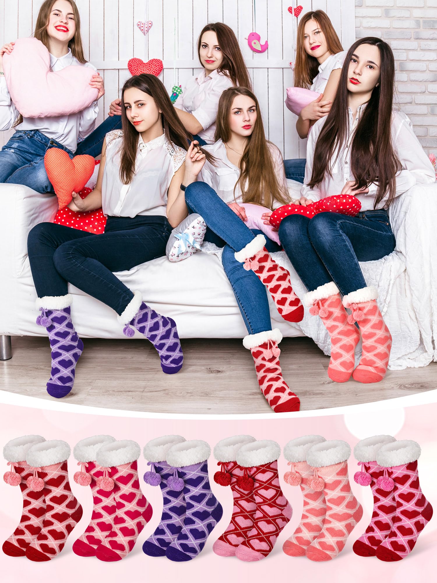 Berlune Galentines Day flauschige Hausschuhsocken für Damen, rutschfest, flauschig, Winter, warm, Lamm-Fleece, Herzsocken, für Freundin, die besten Freunde, Valentinstagsgeschenke, 6 Paar