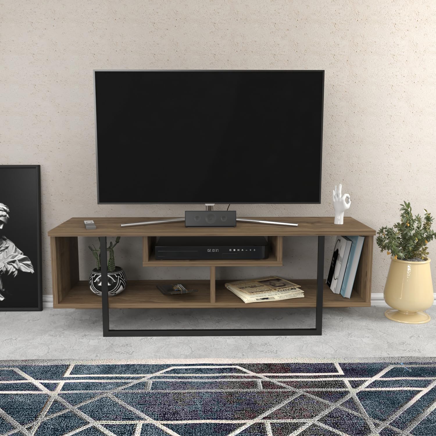 DECOROTIKA Asal Meuble TV Moderne 120 cm avec Rangement – Support TV Design pour téléviseurs jusqu'à 55'' – Noyer et Noir