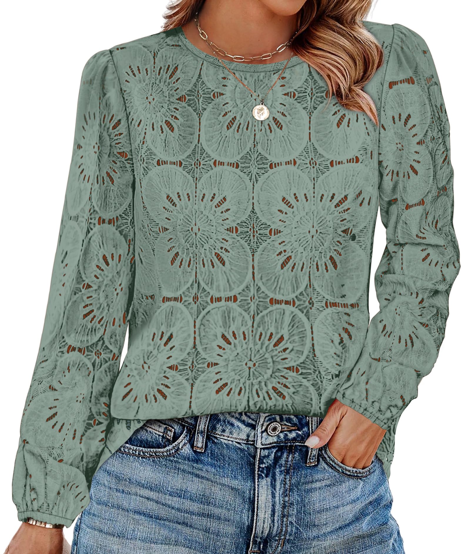 OFEEFAN Blouses for Women Dressy Casual Spring Tops 2026 Summer Outfits Flower Lace Crochet Long Sleeve Shirts