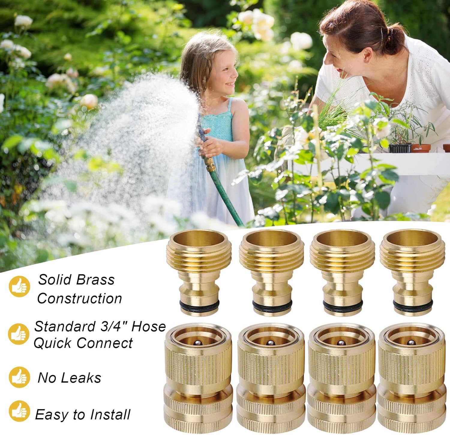 Brass Hose Quick Connect, 3/4 Inch GHT Thread Garden Hose Quick Connector No-Leak Water Hose Quick Connect Fittings Male and Female - 4Packs