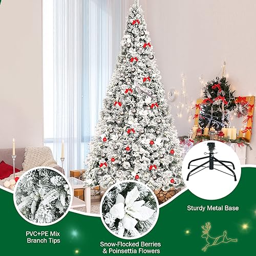 Miniatura 5 de Goplus Árbol de Navidad artificial flocado de nieve de 8 pies, árbol de Navidad con bisagras con soporte de metal plegable, bayas blancas y flores