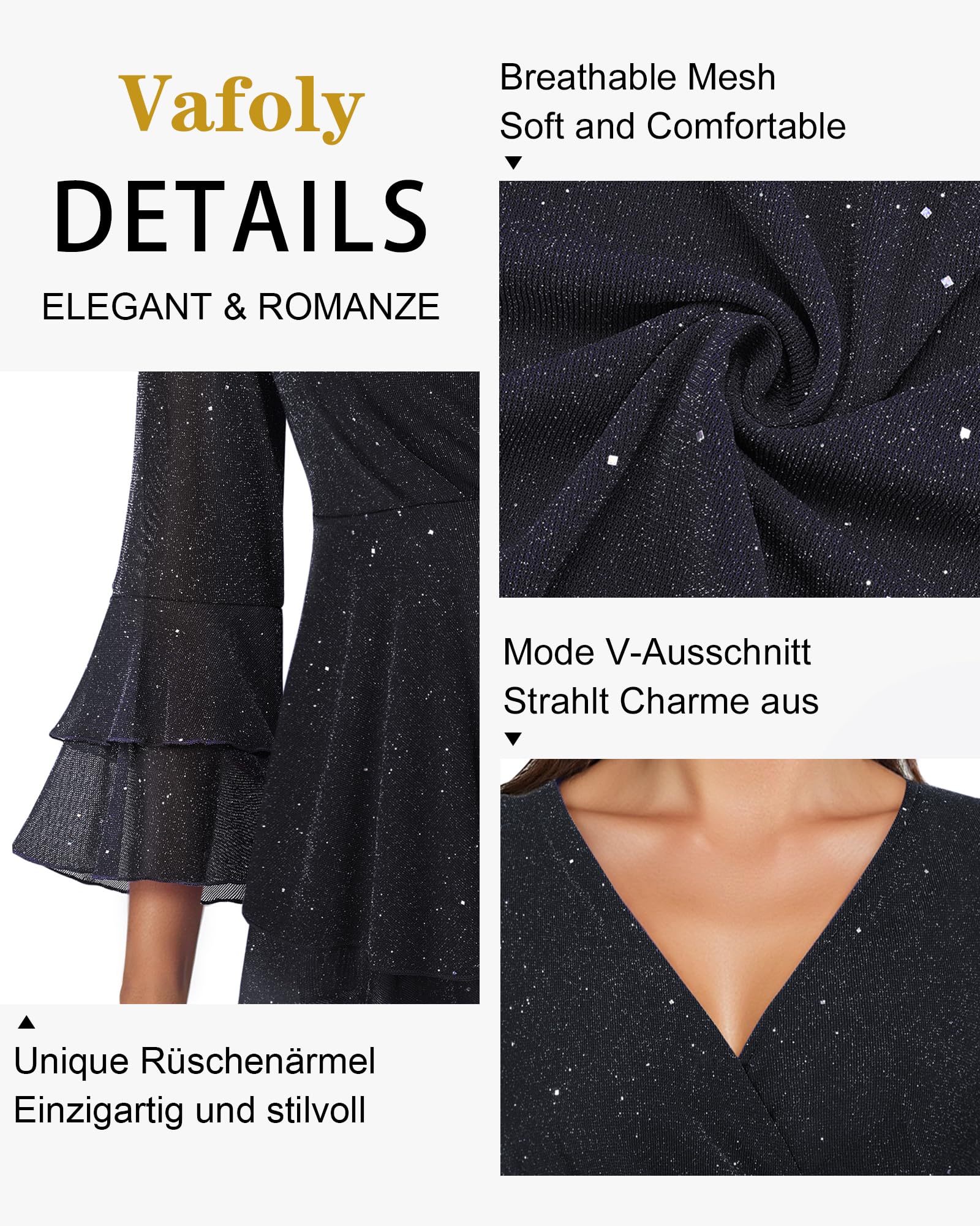 Vafoly Chemisier à manches 3/4 pour femme, élégante, avec col en V, manches à volants, paillettes, haut festif pour le quotidien et les fêtes