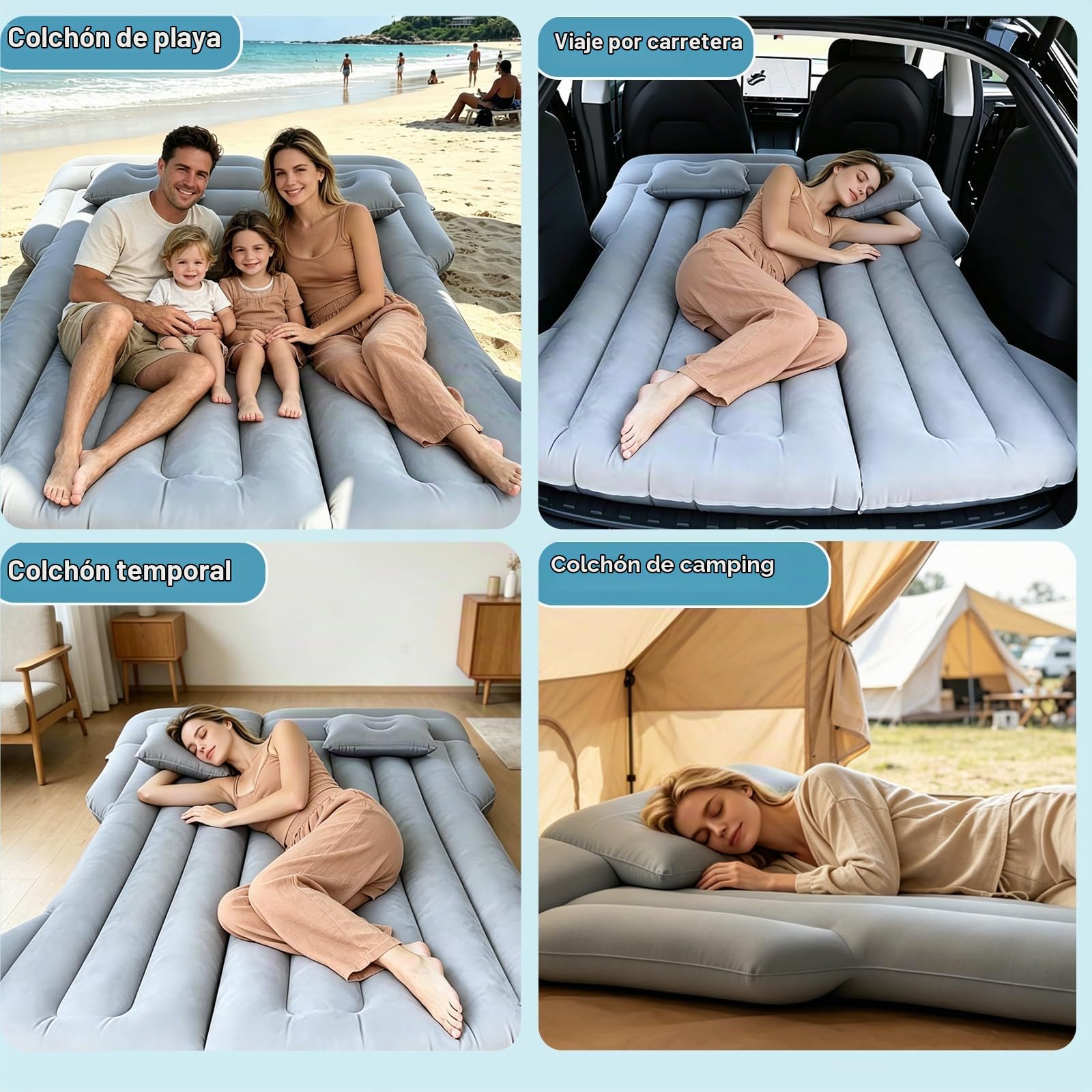Colchón de Coche Hinchable Tesla Model Y y SUV - para Acampar (Grey) | 190 cm x 130 cm, con Bomba y 2 Almohadas Pequeñas, 4 Áreas Multifuncionales Independientes, Apto para la Mayoría de Vehículos