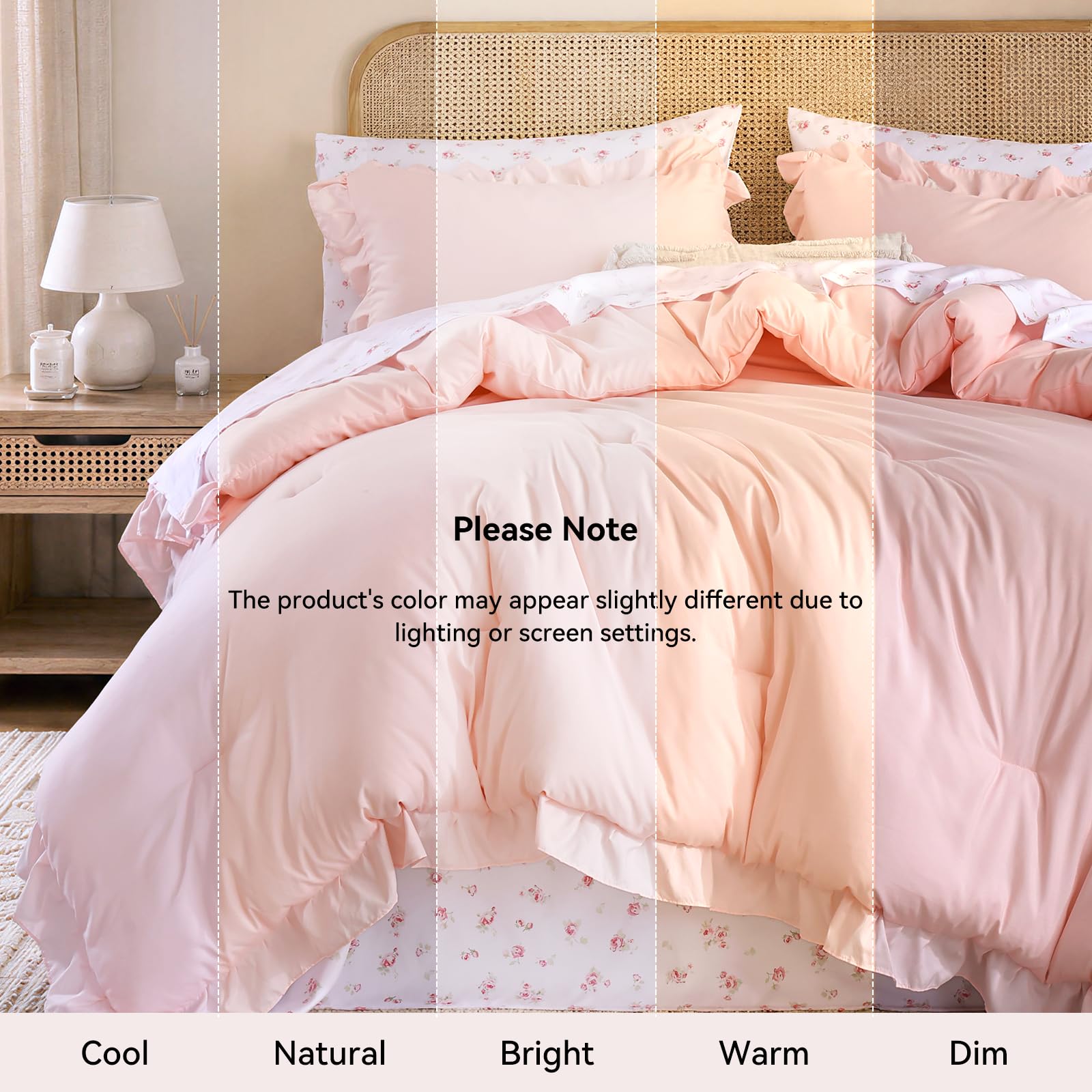 JANZAA Ruffle Queen Comforter Set - Pink Floral -8
