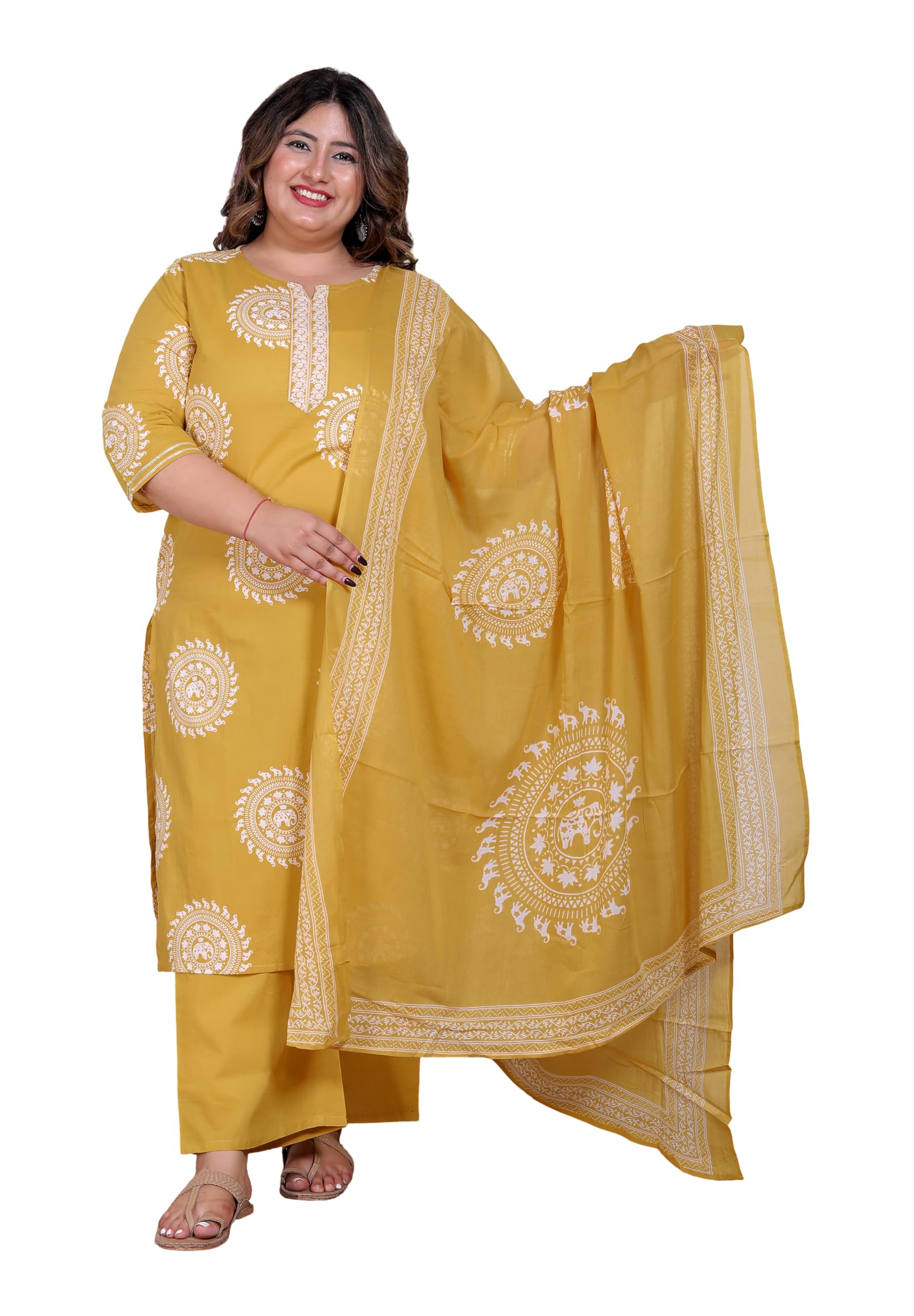 Pure Cotton Printed Plus Size Kurta Pant Set for Women with Dupatta (Yellow, Blue, Pink & Purple)-picture-23