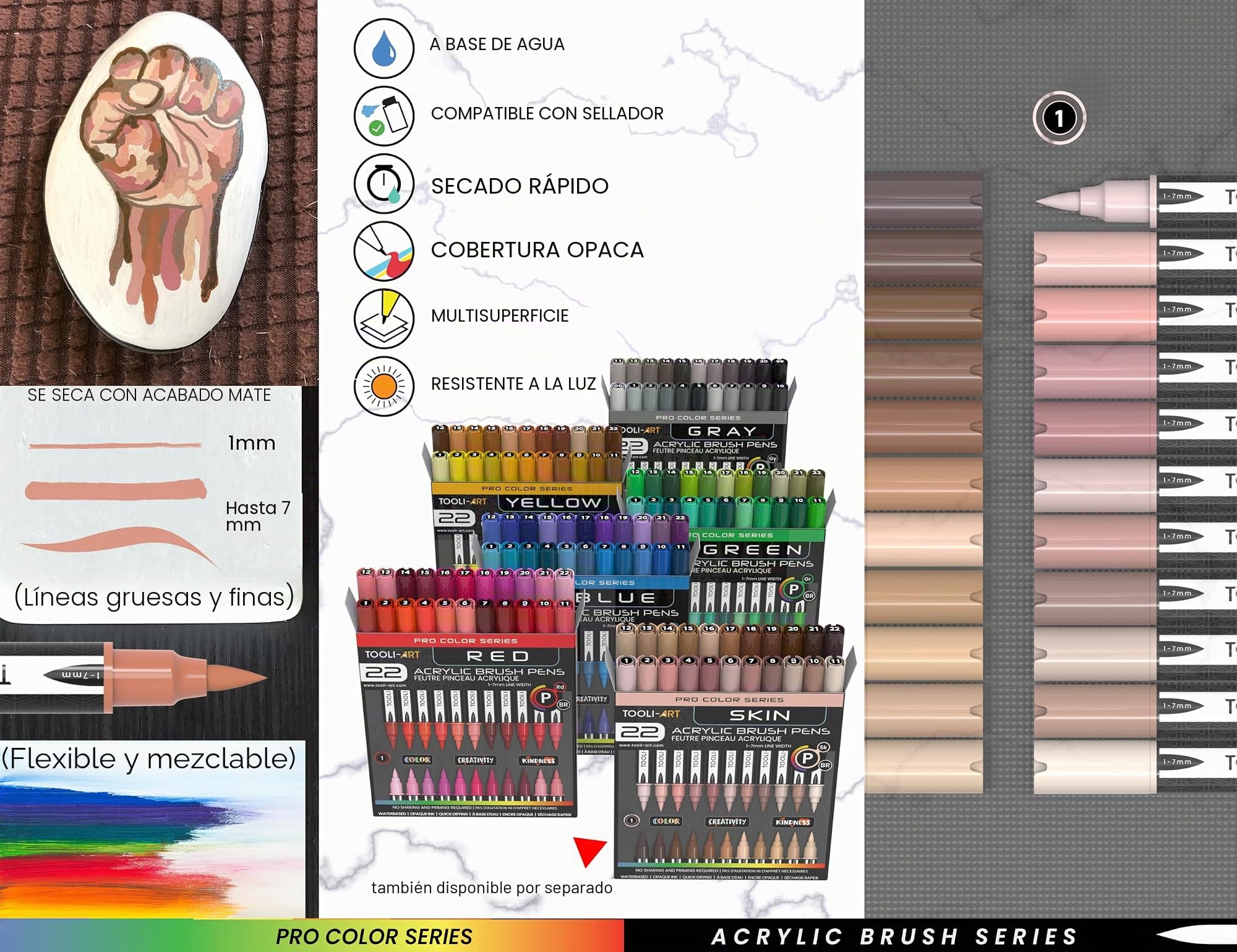 Juego de 22 rotuladores de pintura acrílica con punta de pincel flexible, línea de 1 a 7 mm para pintura de roca, letras de pincel, vidrio, tazas, madera, metal, lienzo, tela, plástico, no tóxico, a