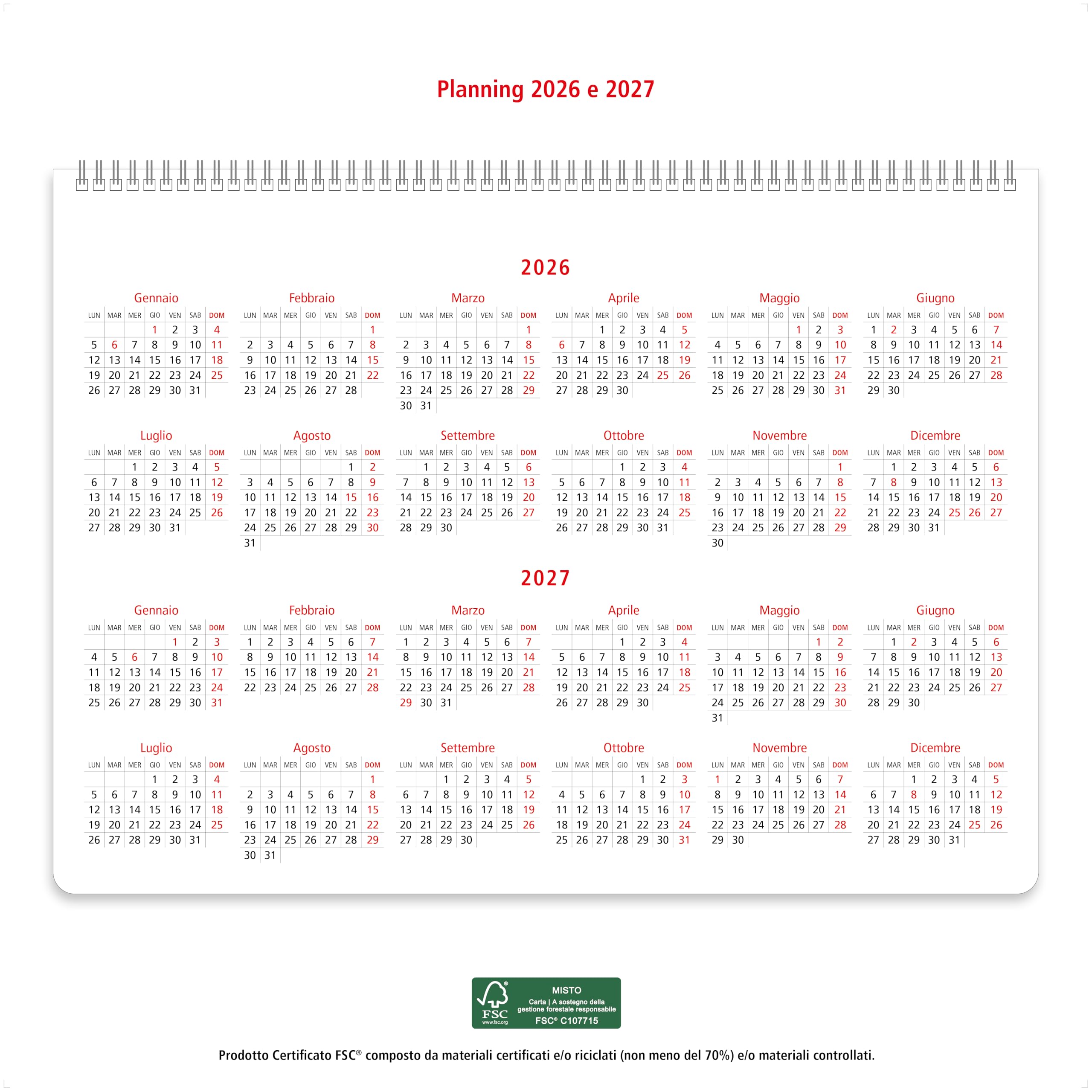 Planner 2026 Settimanale da Tavolo SPIRALATO con tutte le DATE 2026 STAMPATE in Carta ECOLOGICA Certificata FSC® Mix Credit - Planning 2026 perfetto per casa e ufficio con ANGOLI ANTIORECCHIE (30x42)
