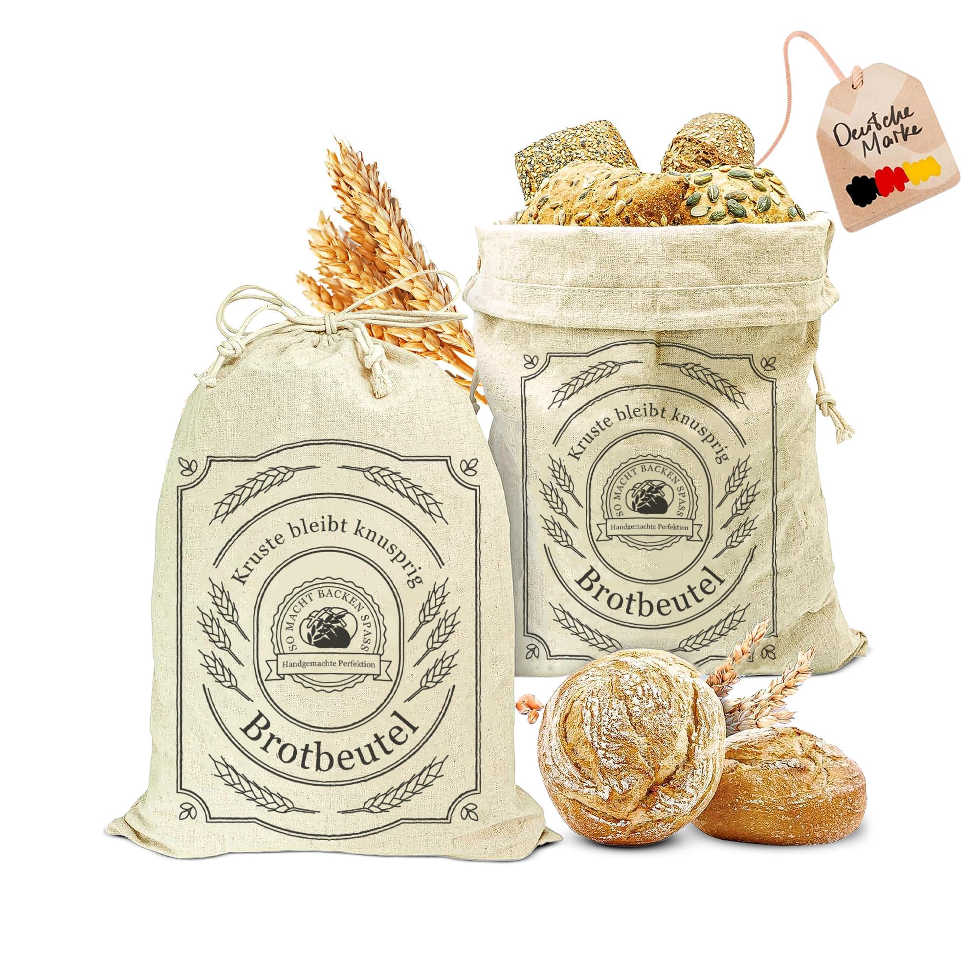 AH® Leinen Brotbeutel stoff 2er Set 30x40cm – Brötchenbeutel, Brottasche mit Kordelzug – Wiederverwendbar & Ungebleicht – Zur Brotaufbewahrung & Frischhalten
