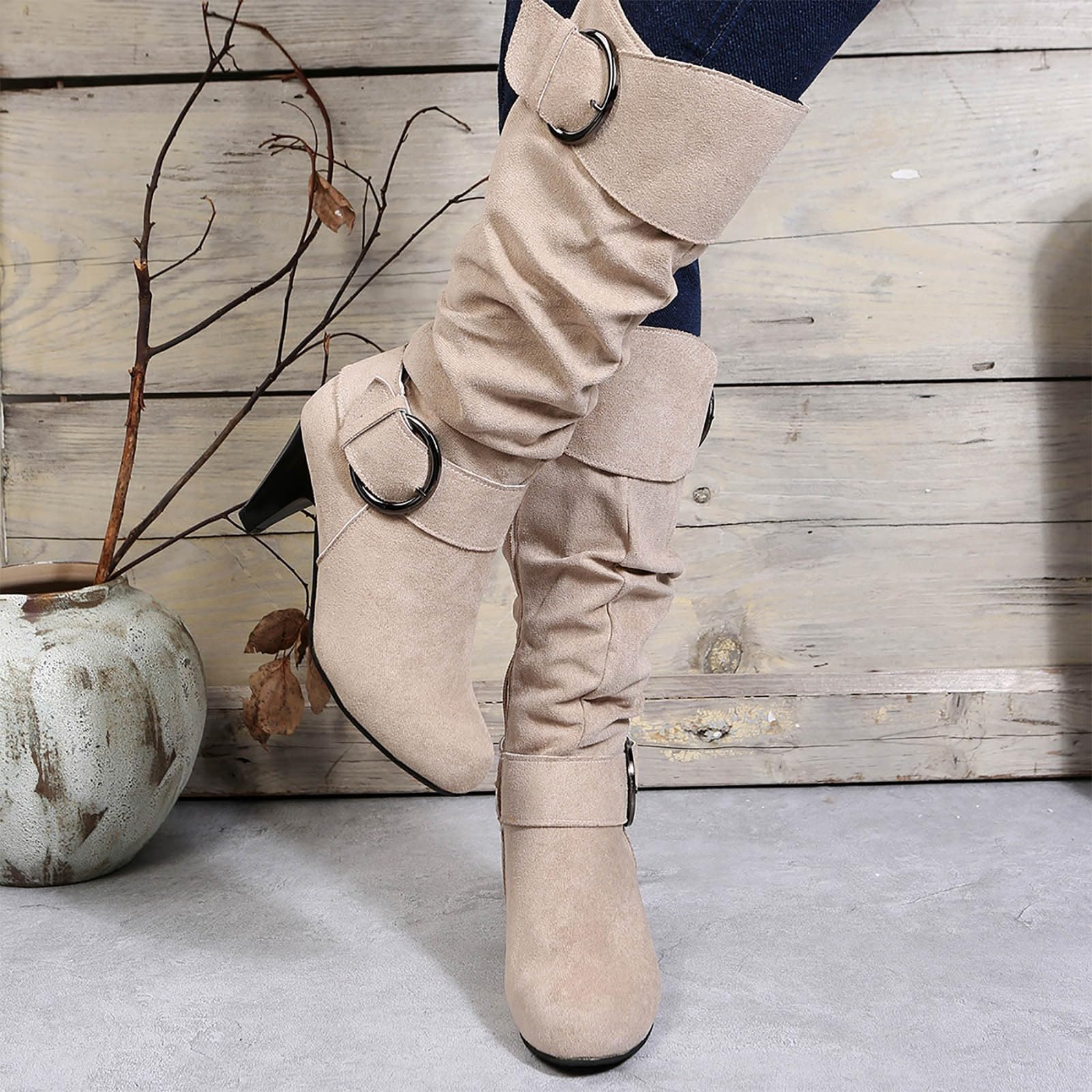 Generisch Botas de equitación de invierno para mujer e invierno Moda de gamuza Tacón fino Color sólido Botas de media pantorrilla Temperamento Botas cómodas