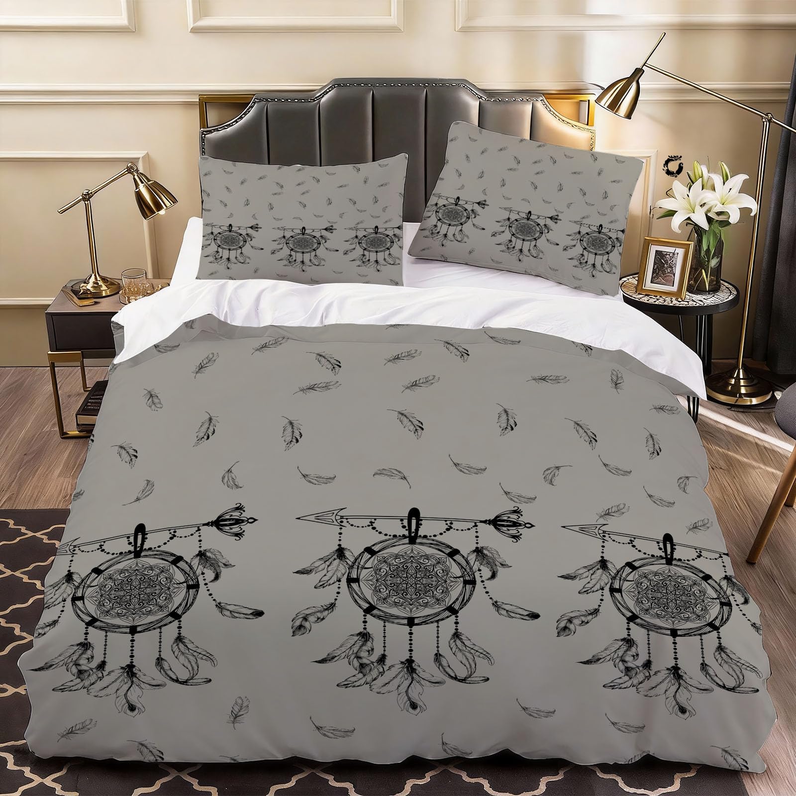 3D Black Feather Duvet Cover Simple Bedding Super King Bed Set, Soft Microfiber Comforter Cover Printed with Zipper Closure Quilt Coverr 260x220 cm and 2 Pillowcases