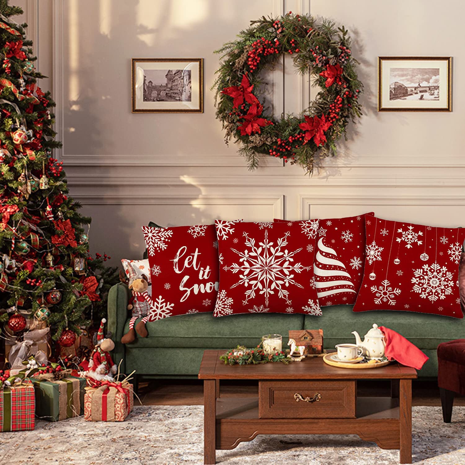 Lanpn Lot De 4 Blanc Et Rouge Housse De Coussin Noel 40x40 Cm, Taie D'oreiller Hiver Flocon De Neige Parure De Oreiller De Décoration De Lit Noel Deco Pour Chambres Canapé Noël Decoration (Rouge