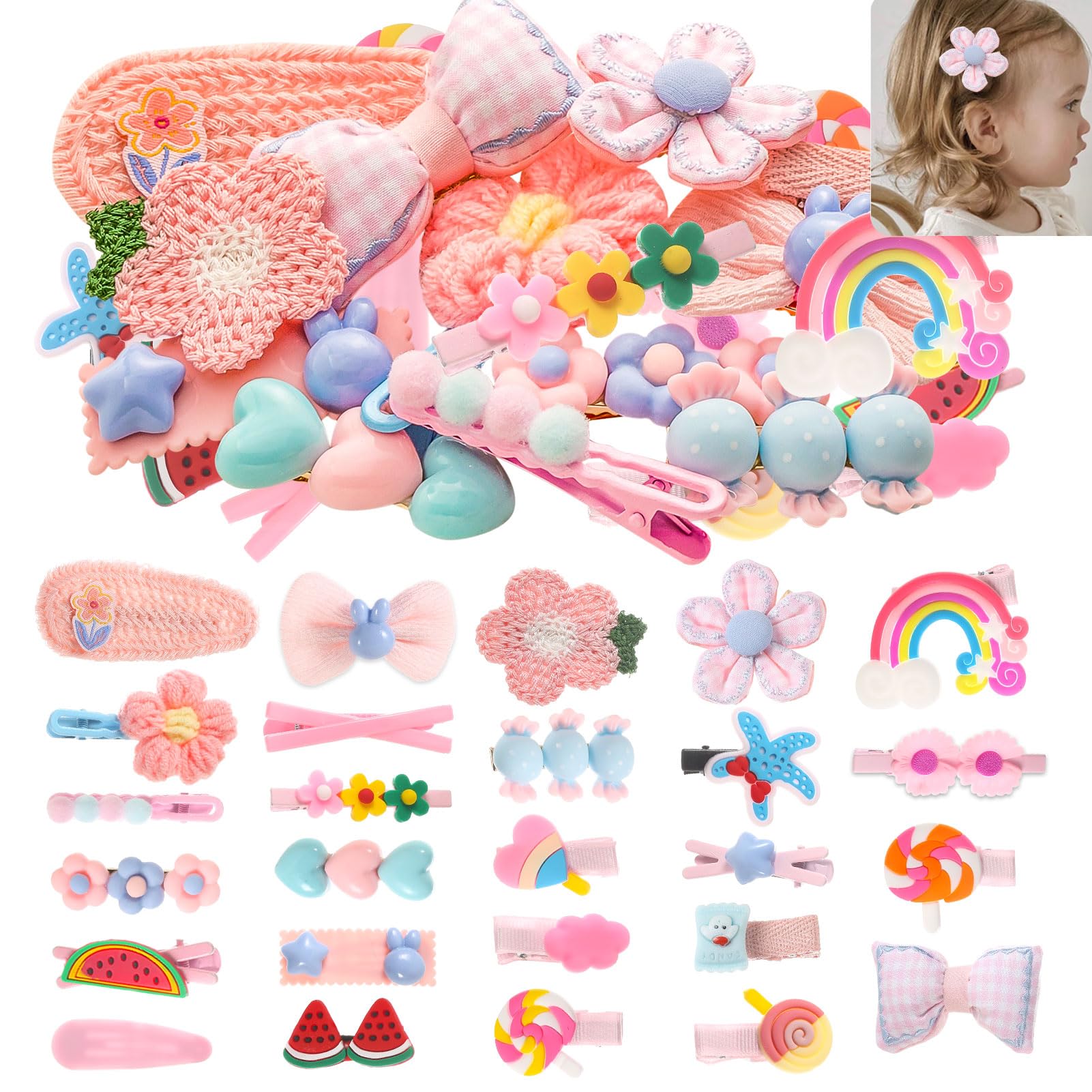 BAISEN 26 Pieces Baby Girls Hair Clips, Sweet Hair Accessories for Girls Cute Animals, Flowers, Fruits, Rainbows