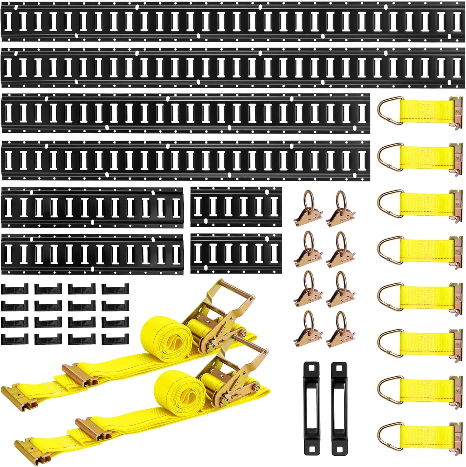 VEVOR E-Track Tie-Down Rail Kit, 36 Pcs Set Etrack Kit, 8 E Track Rails (5ft+4ft+2ft+1ft), 2 Ratchet Straps & 8 O-Rings & 8 Tie-Offs with D-Ring & 2 Single Slots & 16 End Caps, Fit for Vans Trailers