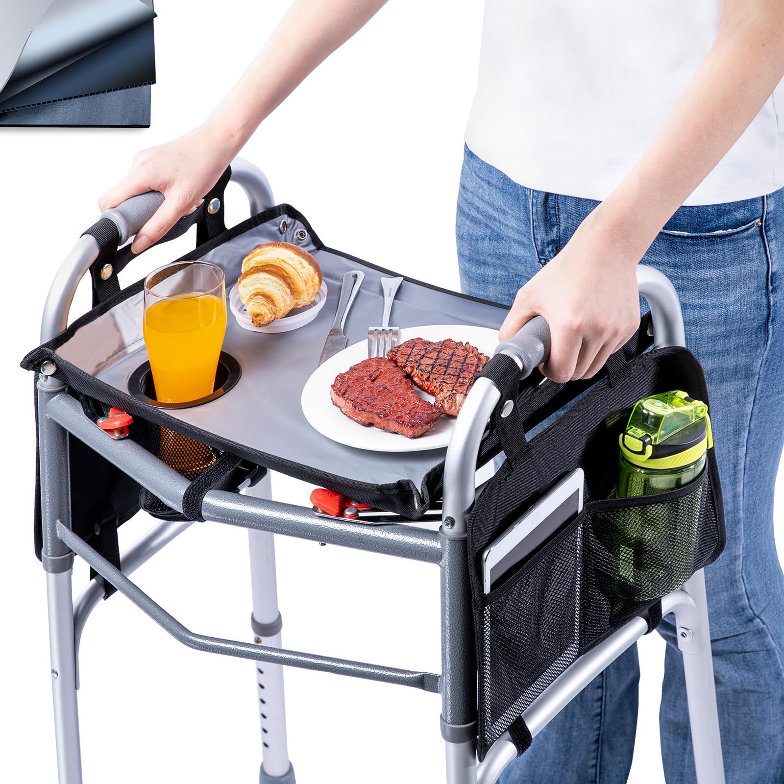 BAGSFY Walker Tray for Folding Walker w/Cup Holder and Side Storage Pocket