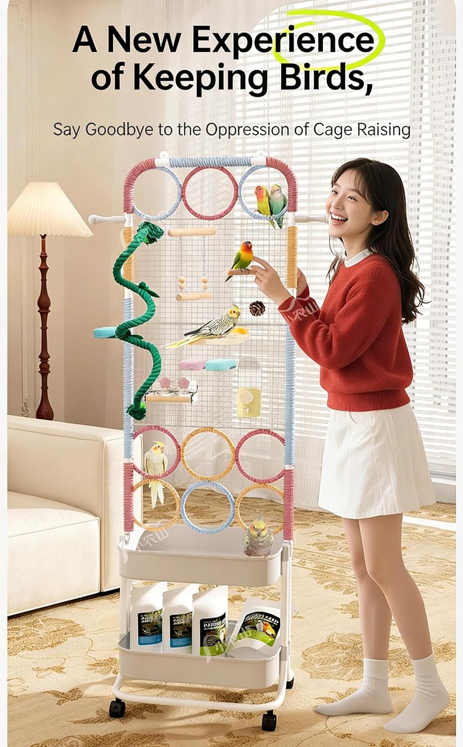DIY Open Parrot Stand for Cockatiels, Lovebirds, Budgies, Sun Conures - Bird Playground with 4 Lockable Wheels, Multi-Zone Design, Customizable Rope, Anti-Slip Bird Cage Alternative